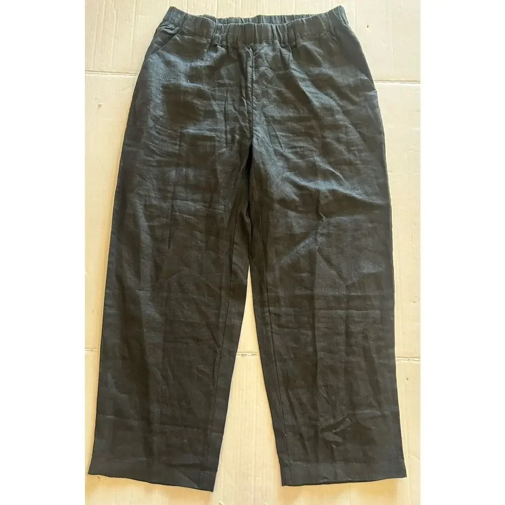 Quince Womens Sz Medium Black European Linen Pants Elastic Waist Cropped Coastal
